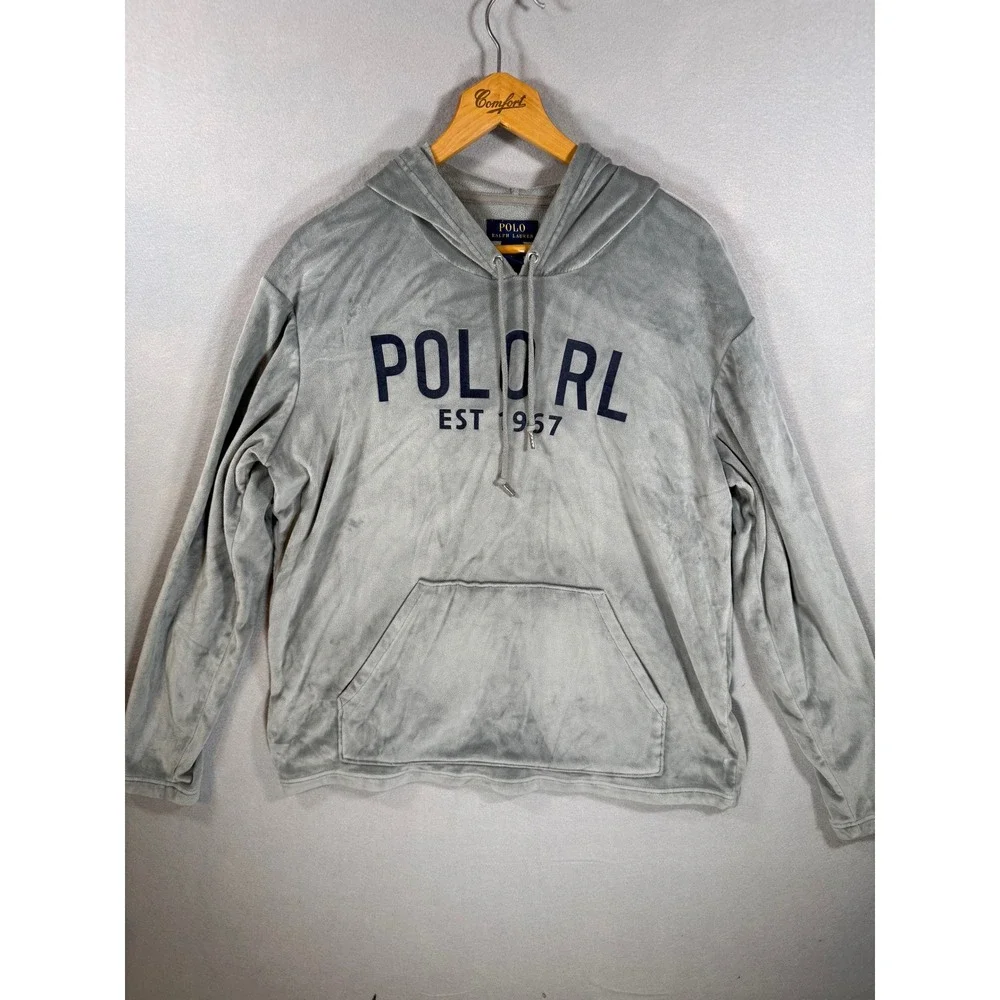 Polo Ralph Lauren Mens Grey Velour Sleepwear Hoodie Logo Large Cozy Luxury Comfy